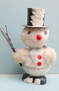 21: This fluffy snowman  is about 20cm high and inside the container is printed "containters made in Western Germany".  His head wobbles.